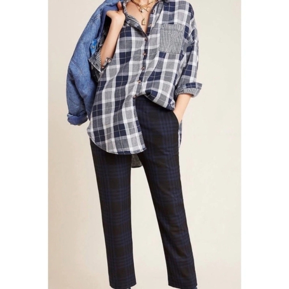 ANTHROPOLOGIE Pilcro The Bo Boyfriend Flannel Gingham Navy Blue Shirt | Size M/L - Picture 2 of 11